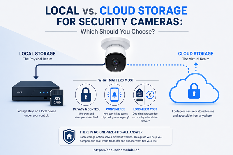 Graphic comparing local vs cloud storage options for security cameras, showing a central camera splitting data paths toward an NVR hardware box and a digital cloud icon.