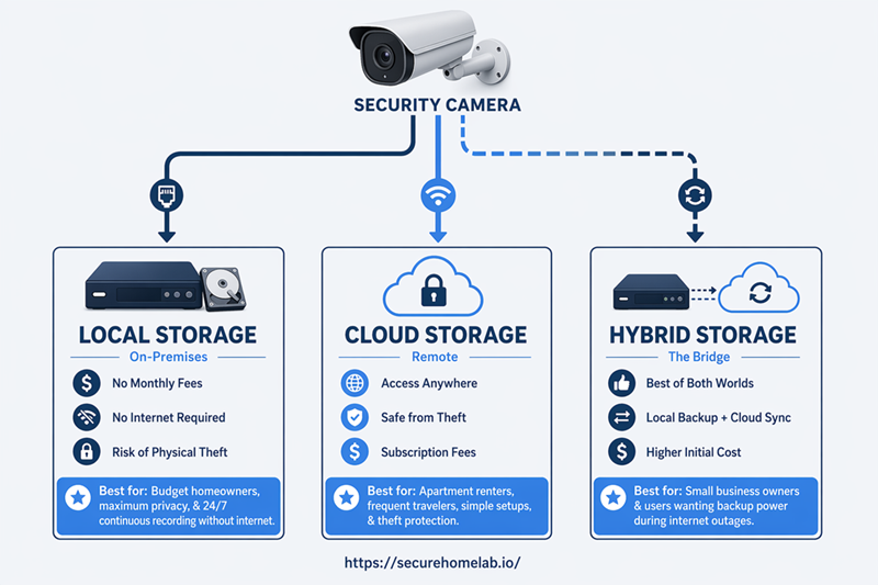 A pipeline infographic comparing local, cloud, and hybrid security camera storage options. Three distinct data streams flow down from a single security camera into individual pillars highlighting the pros, cons, and best use cases for home and business surveillance.