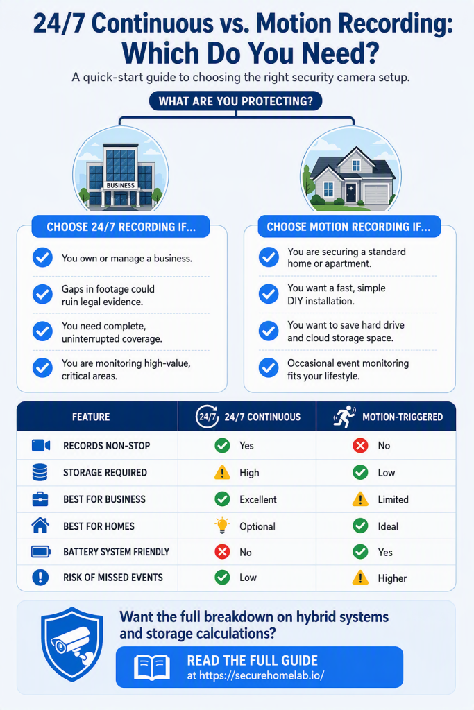 Infographic comparing 24/7 continuous recording vs motion recording for home and business security cameras.