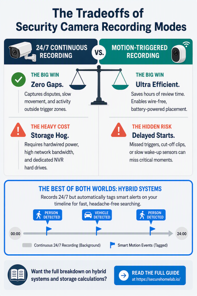 Diagram breaking down the pros and cons of continuous security recording and motion recording with a hybrid system timeline.