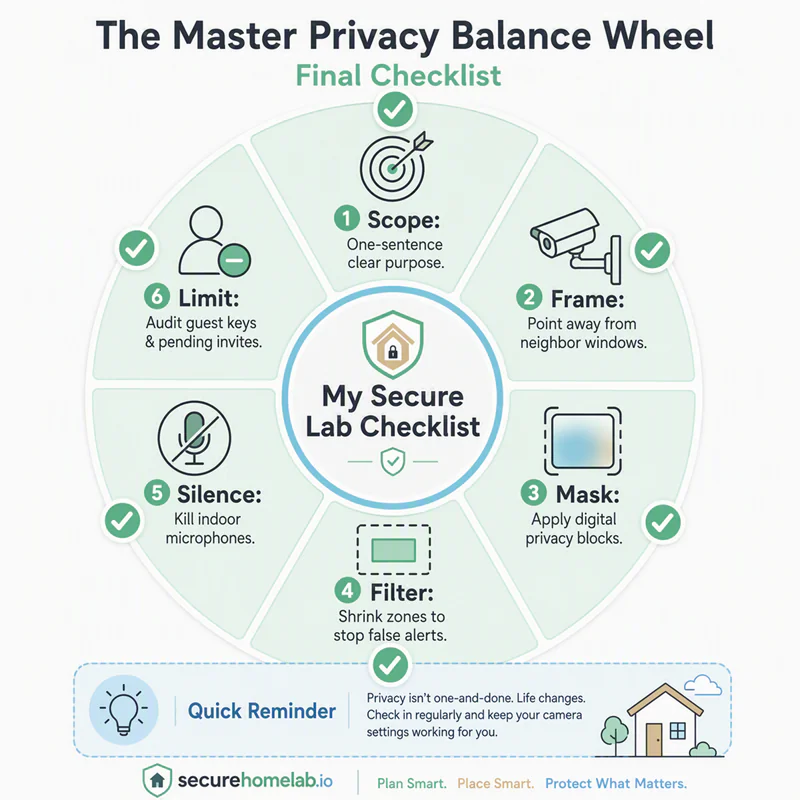 A circular six-step diagnostic wheel layout displaying actionable security camera privacy checklist items.