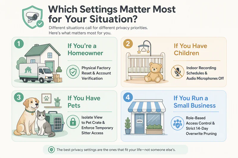 A clean four-quadrant chart outlining target privacy settings for New Homeowners, Families, Pet Owners, and Small Business Owners.