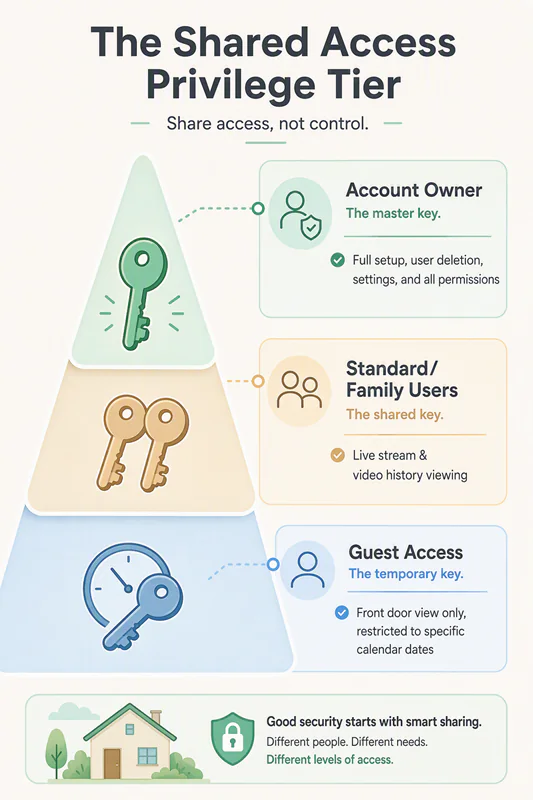 User permission tree splitting account roles into an Administrative Owner, Standard Family account, and time-bound Guest access.