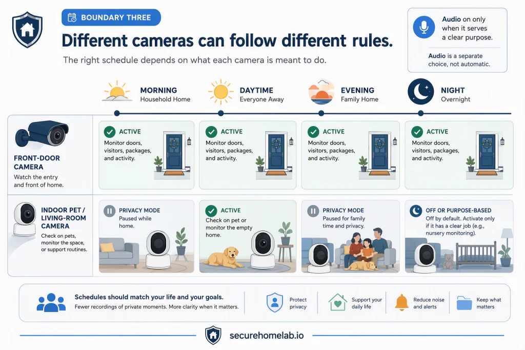 Daily timeline comparing an outdoor front-door camera that stays active with an indoor pet camera that records mainly while the household is away and pauses during family time.