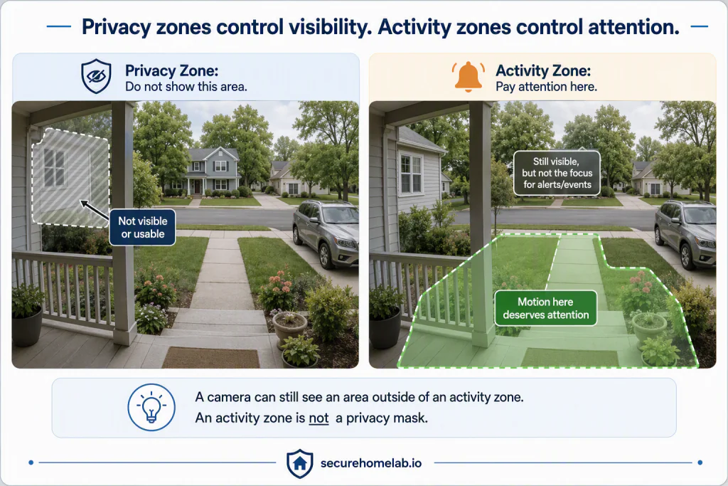 Side-by-side security camera view showing a privacy zone that masks part of the image and an activity zone that highlights the porch and walkway for motion alerts while other areas remain visible.