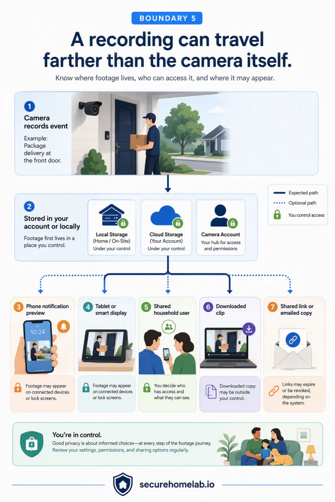 Flow diagram showing a front-door camera recording moving to local or cloud storage, phone alerts, tablets or smart displays, shared users, downloaded clips, and shared links.