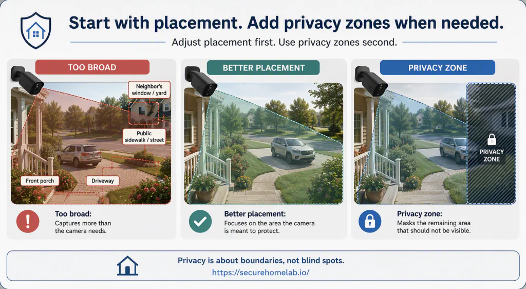 Three-panel diagram showing a front-door camera view that is too broad, a better camera position focused on the porch and entry path, and a privacy zone masking an unavoidable neighboring area.
