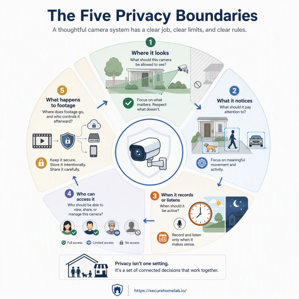 Diagram showing the five security camera privacy boundaries: where the camera looks, what it notices, when it records or listens, who can access it, and what happens to footage after recording.