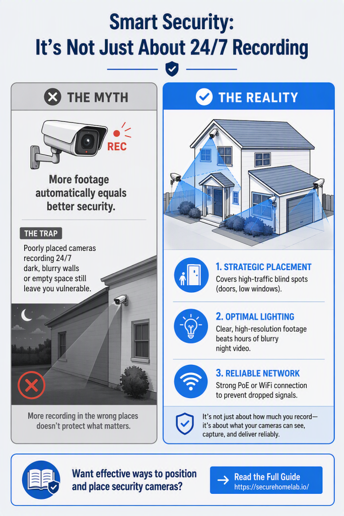 Diagram explaining why camera placement and footage clarity matter more than just continuous 24/7 recording.